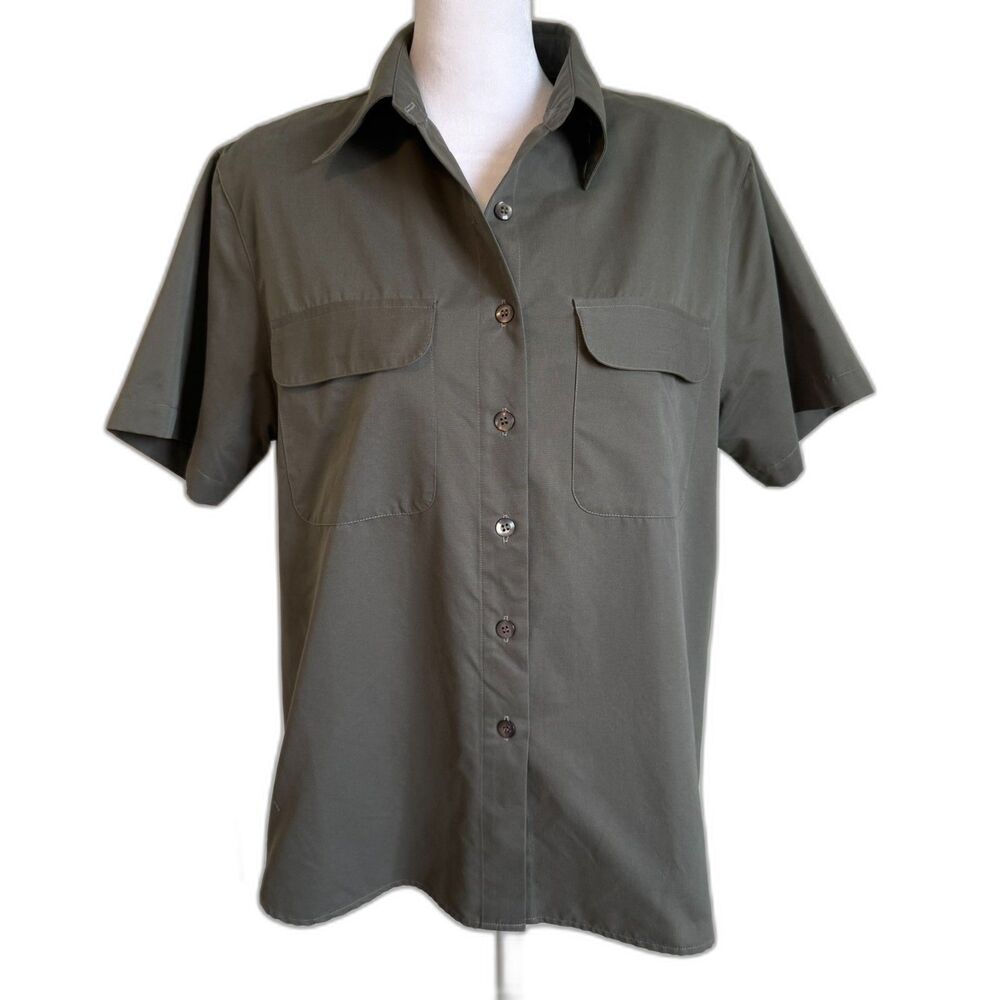 Christopher & Banks Button Up Shirt Womens M Olive Green Short Sleeve Preppy